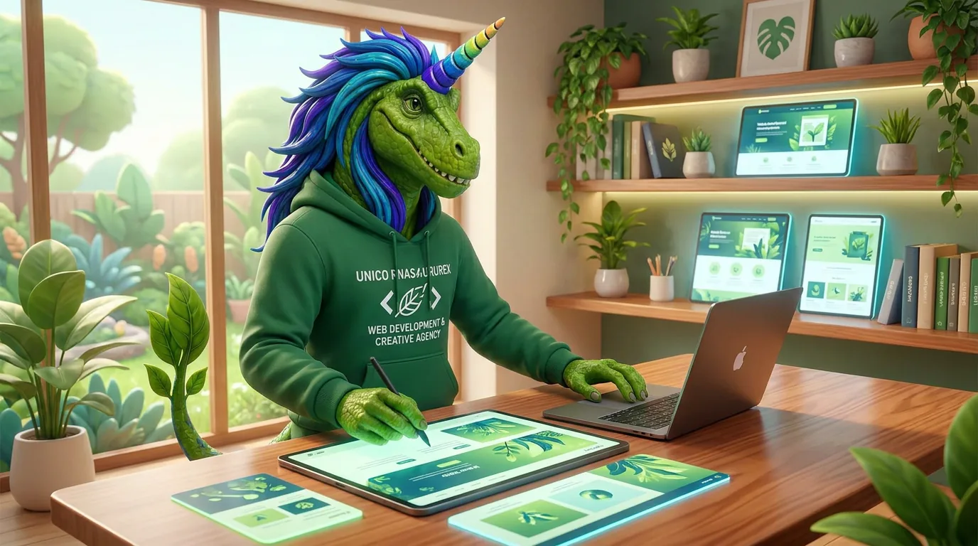 Rex, the Unicornasaurusrex mascot, designing a plant-based website on a tablet in a plant-filled studio