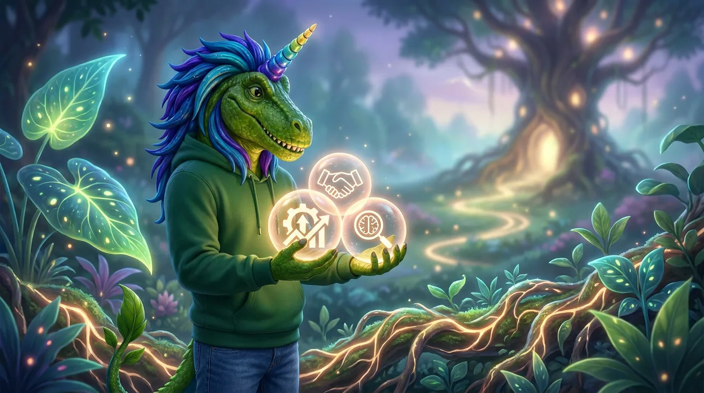 Rex holding three glowing orbs for partnership, growth and strategy in an enchanted forest