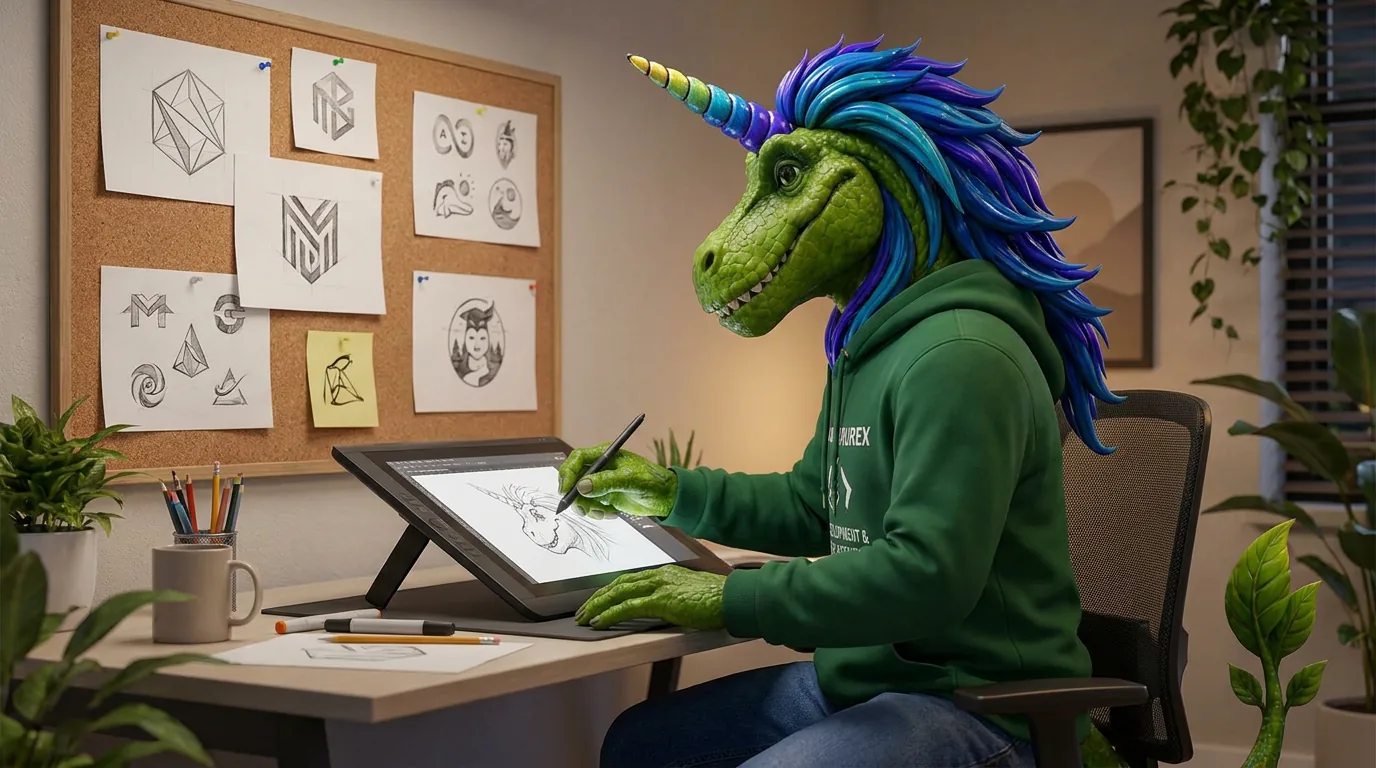 Rex sketching logo concepts on a drawing tablet in front of a pinboard of ideas