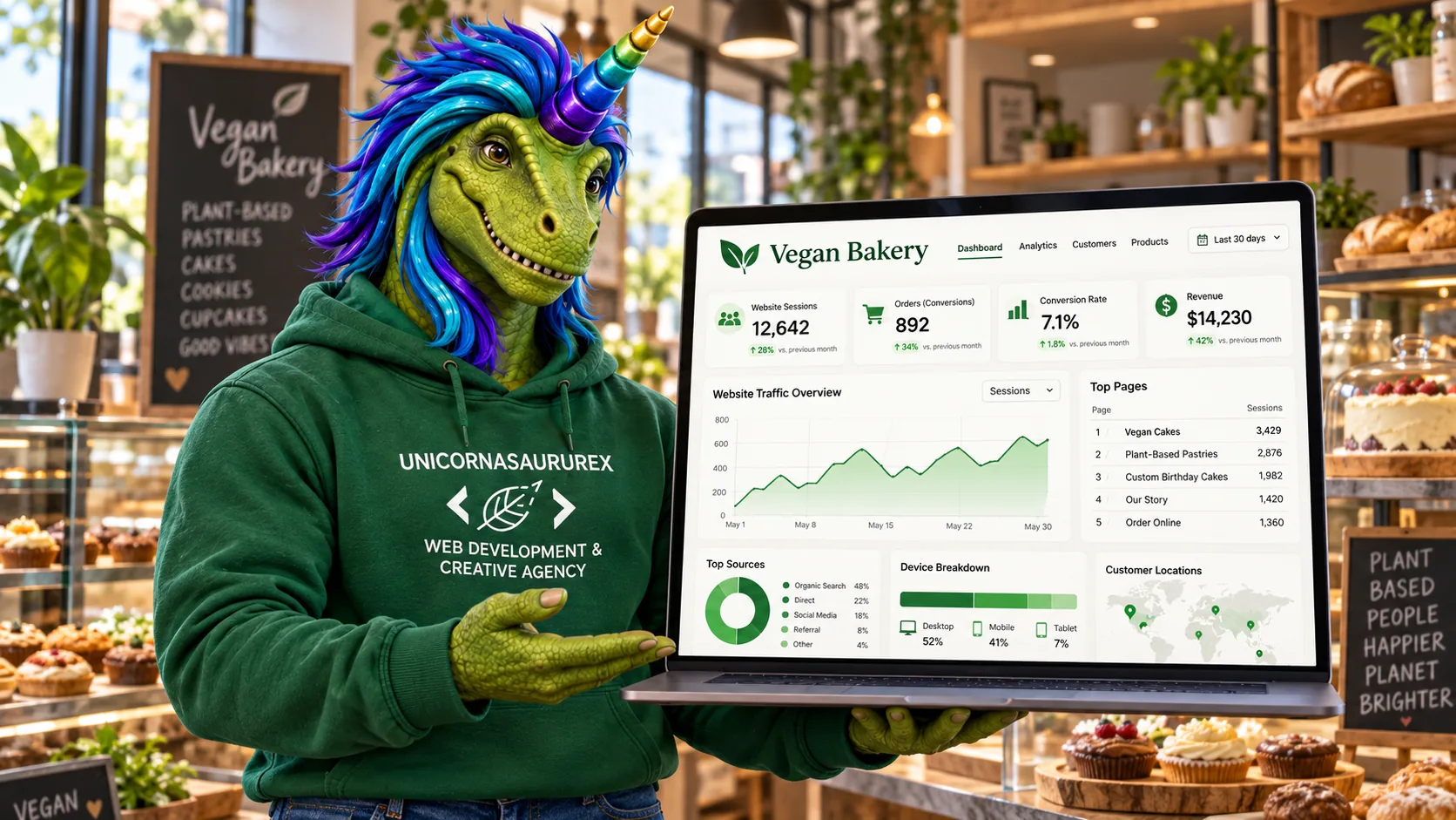 Rex in a vegan bakery showing a website traffic dashboard