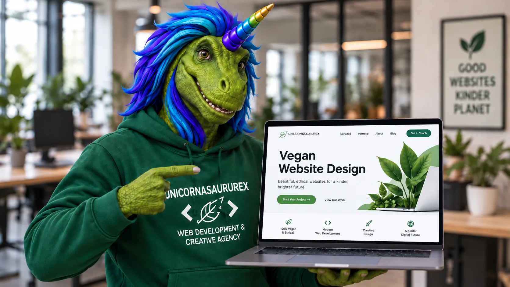 Rex pointing to a vegan website design on a laptop